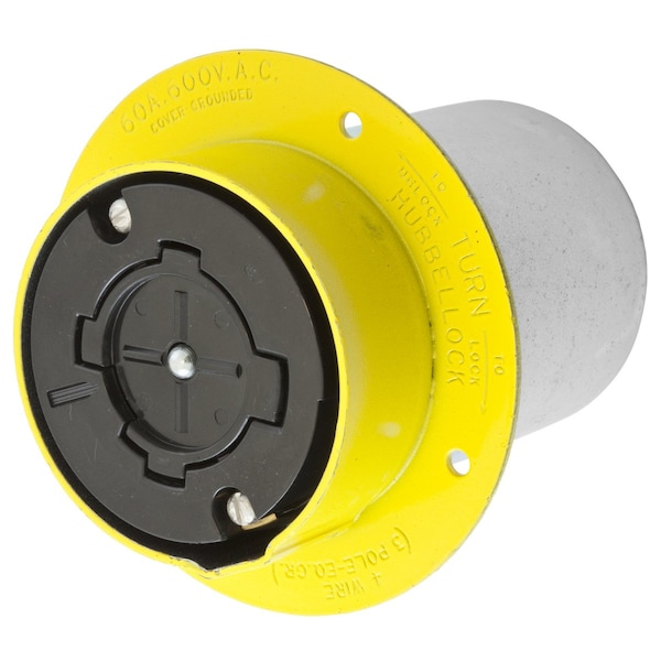 Flanged Locking Receptacle, Non-NEMA, 60 A, 600V AC, Three Phase, 3 Pole, Screw Terminals, Yellow